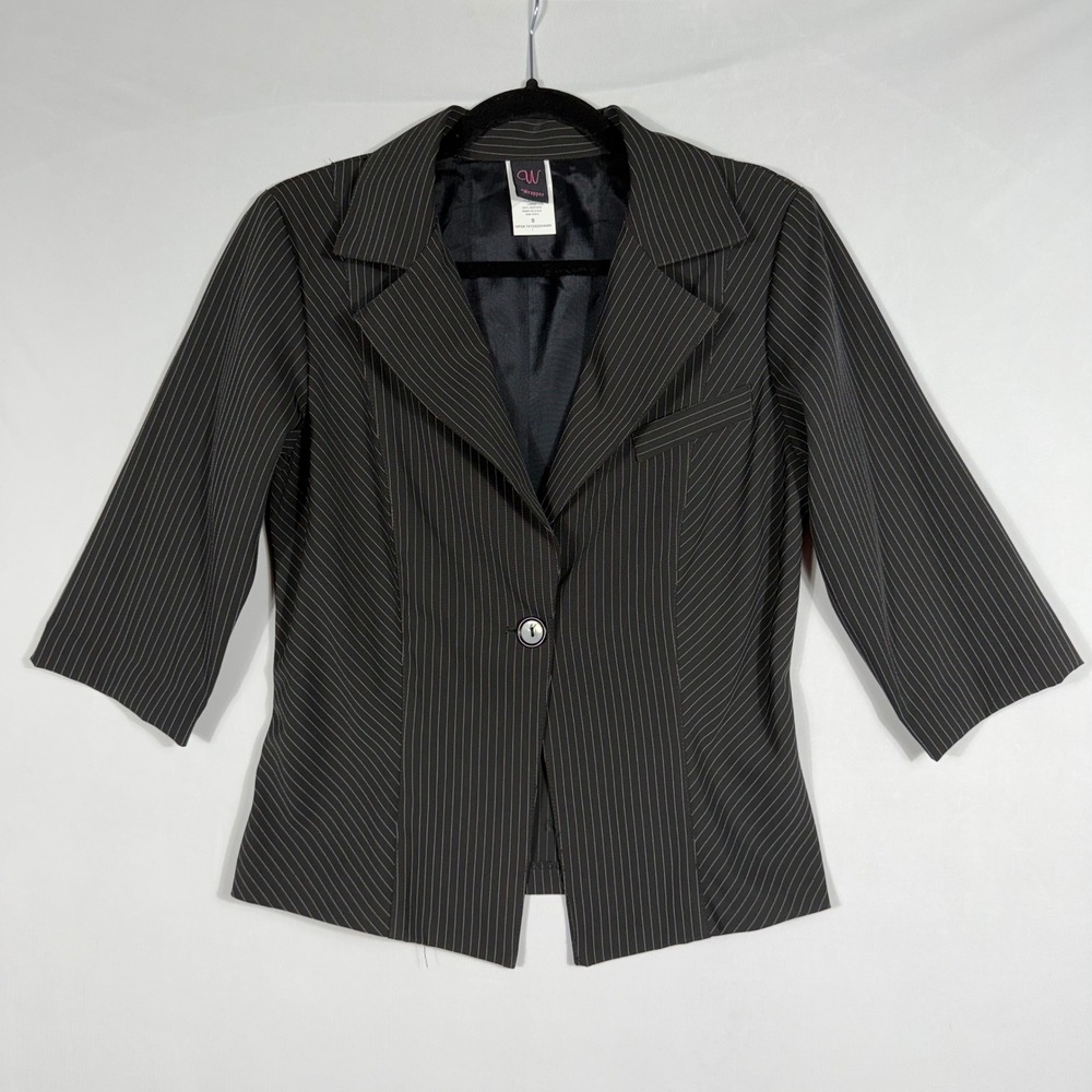 Vtg‎ 90s Y2K Wrapper Pinstripe Blazer Jacket Sz 9 Black White Cropped 3/4 Sleeve